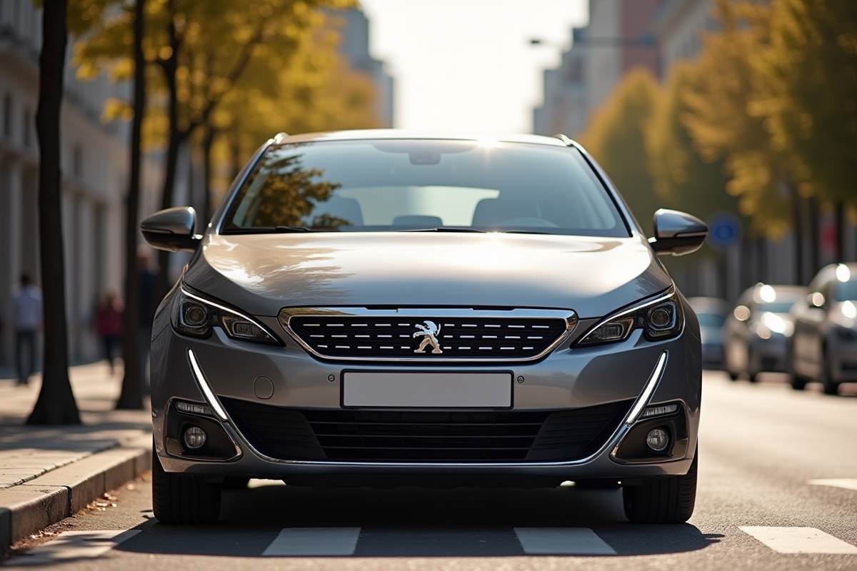 Peugeot 308 neuve stationnee en ville en plein jour