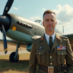 Pilotes de la Royal Air Force devant un avion WWII en plein air