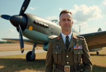 Pilotes de la Royal Air Force devant un avion WWII en plein air