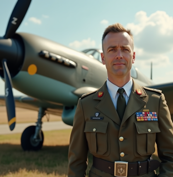Pilotes de la Royal Air Force devant un avion WWII en plein air