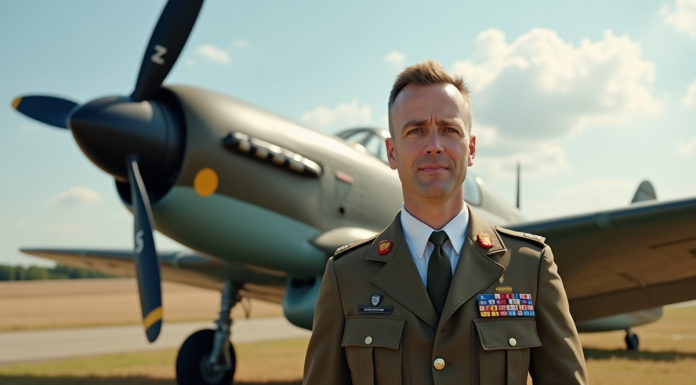 Pilotes de la Royal Air Force devant un avion WWII en plein air
