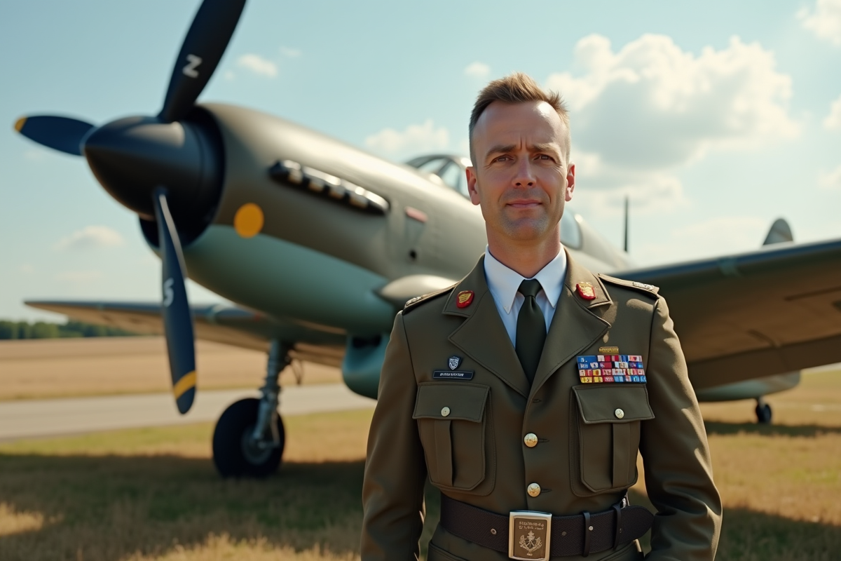 Pilotes de la Royal Air Force devant un avion WWII en plein air