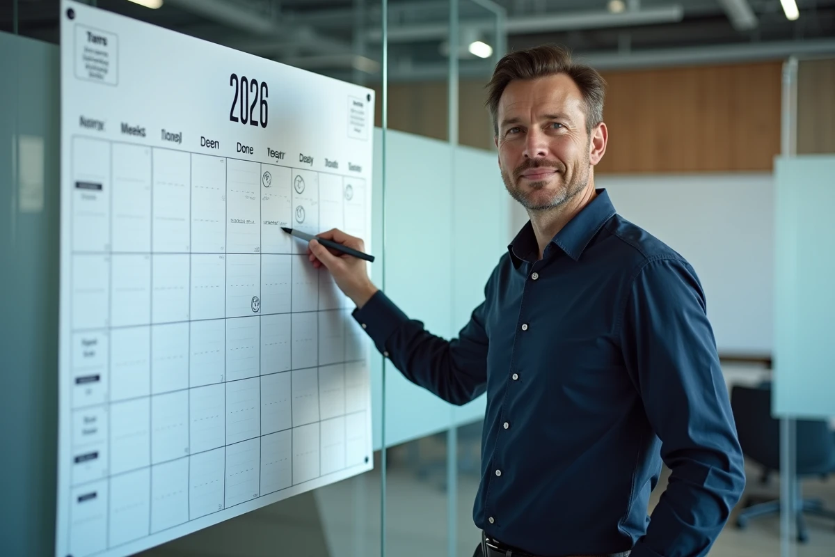 Homme d'affaires cochant les semaines impaires sur un grand planning mural annuel 2026 dans un bureau moderne