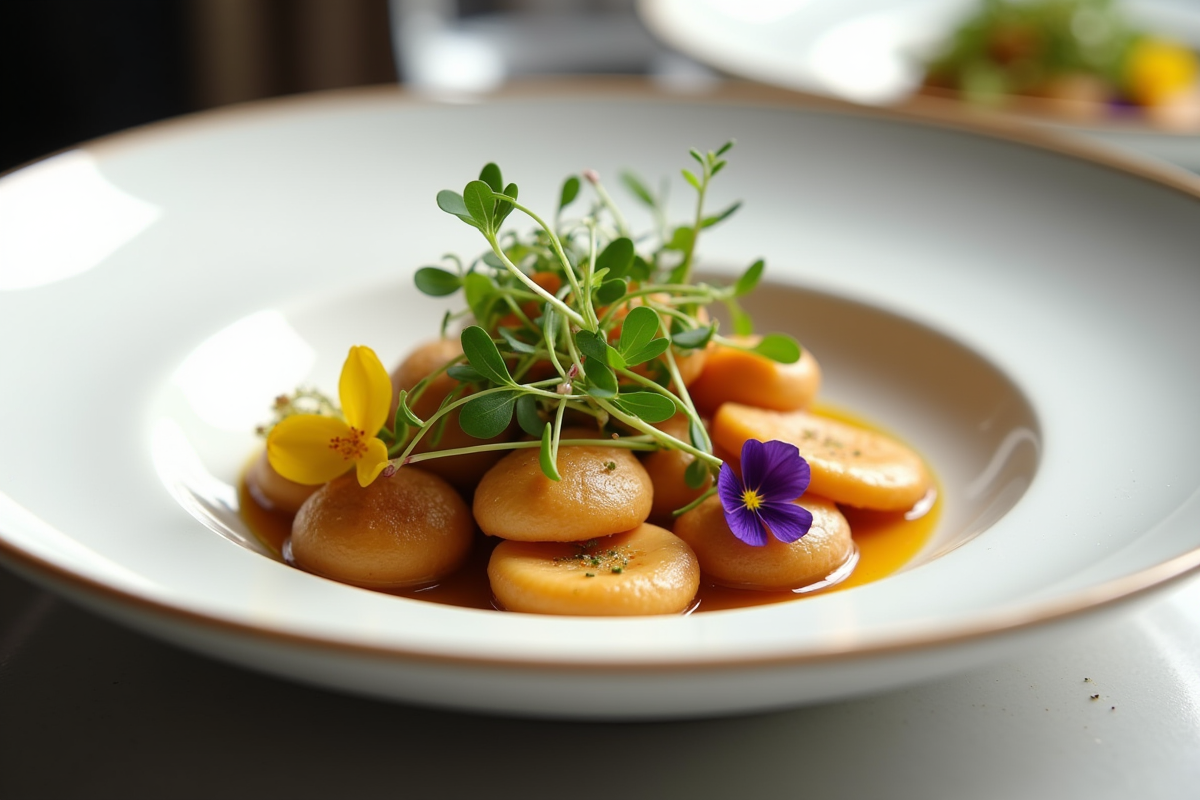 Assiette élégante de faux chantarelles cuites avec microgreens