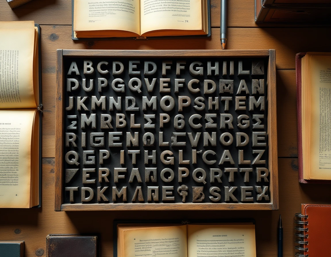 Vue aérienne d'un plateau de composition typographique en bois avec des caractères en plomb serif et sans-serif, entouré de livres de référence typographique anciens