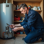 Plombier homme en overalls près d'une chaudière d'eau