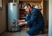 Plombier homme en overalls près d'une chaudière d'eau
