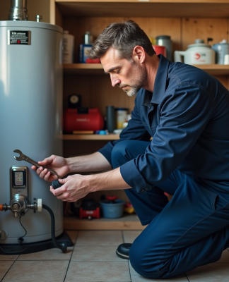 Plombier homme en overalls près d'une chaudière d'eau