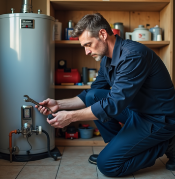 Comment optimiser la réparation de votre chauffe-eau : conseils et astuces Plombier homme en overalls près d'une chaudière d'eau