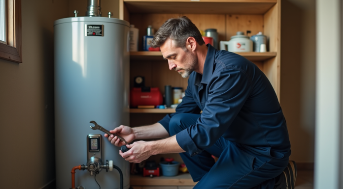 Plombier homme en overalls près d'une chaudière d'eau