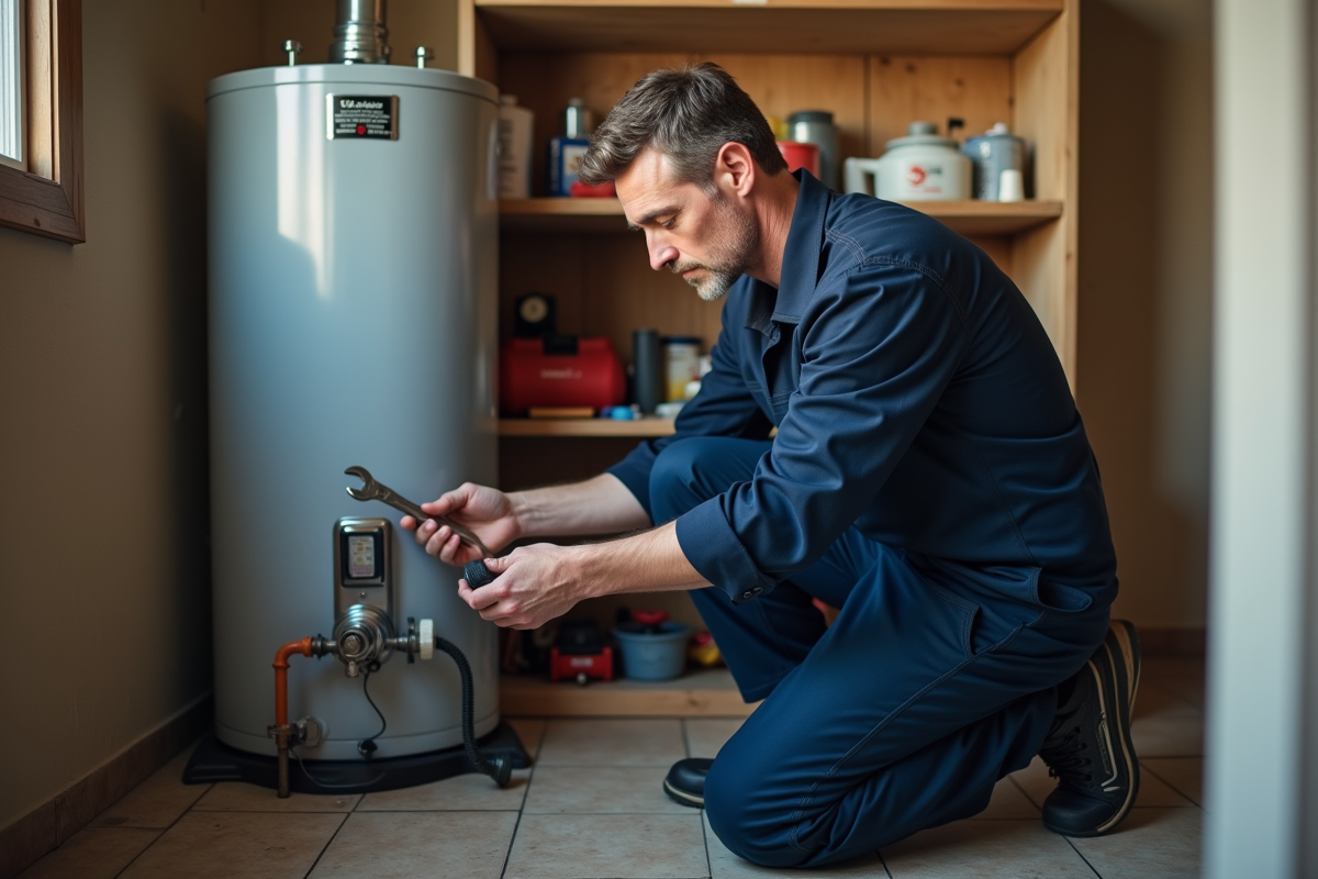 Plombier homme en overalls près d'une chaudière d'eau