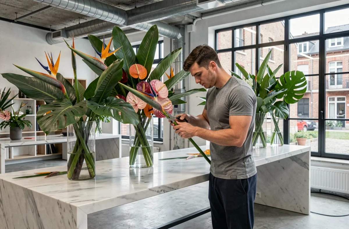 Fleuriste de Podefleur à Alfortville travaillant sur une composition de fleurs exotiques avec des oiseaux du paradis et des anthuriums