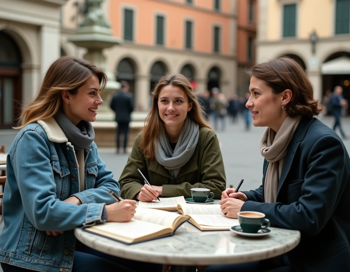Groupe de jeunes poètes italiens contemporains réunis autour d'une table de café sur une piazza napolitaine, discutant de leurs manuscrits