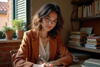 Jeune poétesse italienne écrivant dans un carnet dans un appartement romain aux murs en brique, entourée de livres de poésie