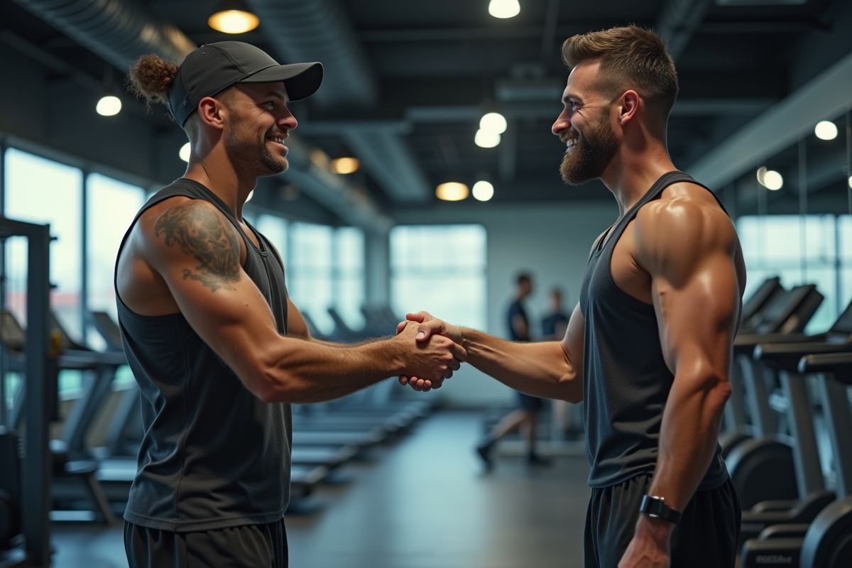 Coup de main dynamique entre deux sportifs dans une salle de sport