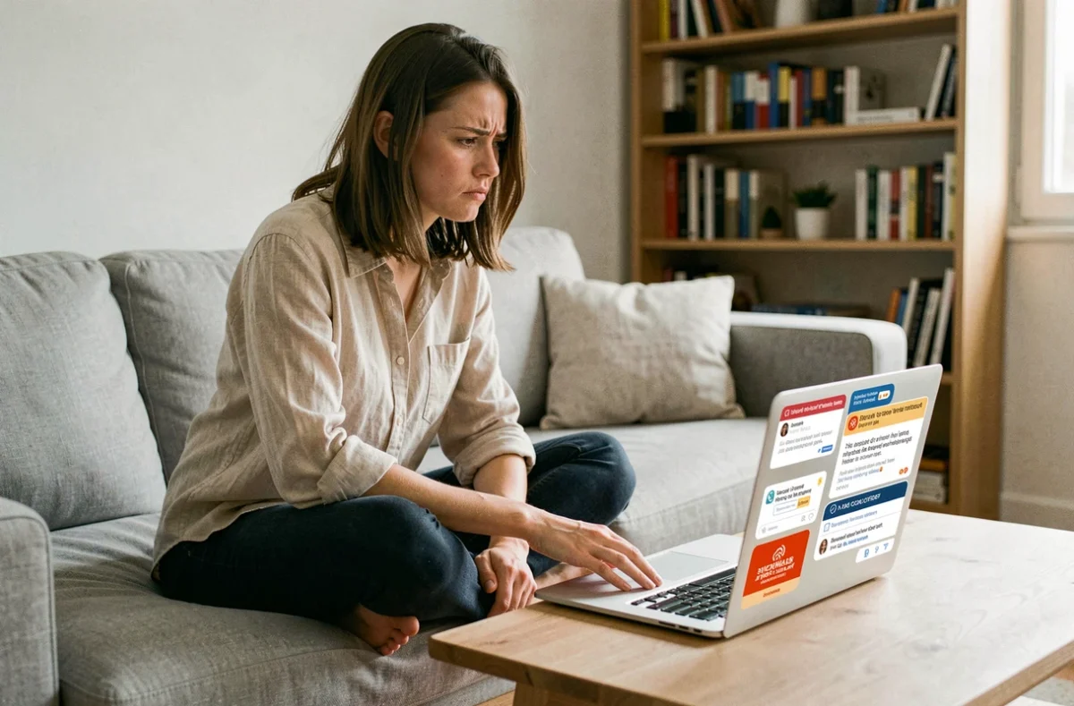 Femme agacée par des publicités pop-up intrusives sur son ordinateur portable dans un salon