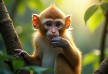 Portrait d'un singe pensif sur une branche en forêt