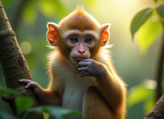 Portrait d'un singe pensif sur une branche en forêt