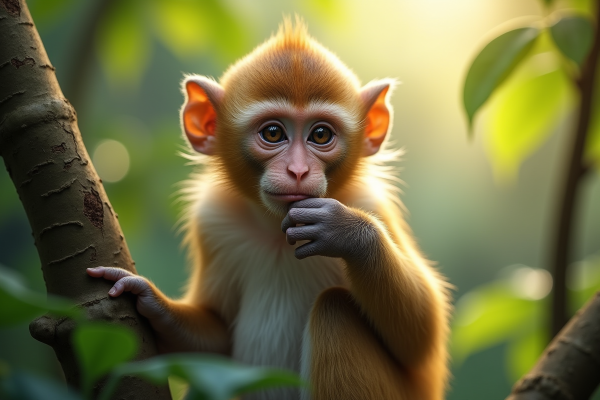 Portrait d'un singe pensif sur une branche en forêt