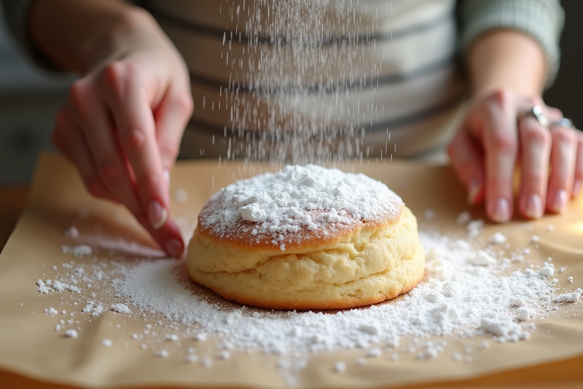 Main saupoudrant de sucre glace un gâteau roulé sans gluten