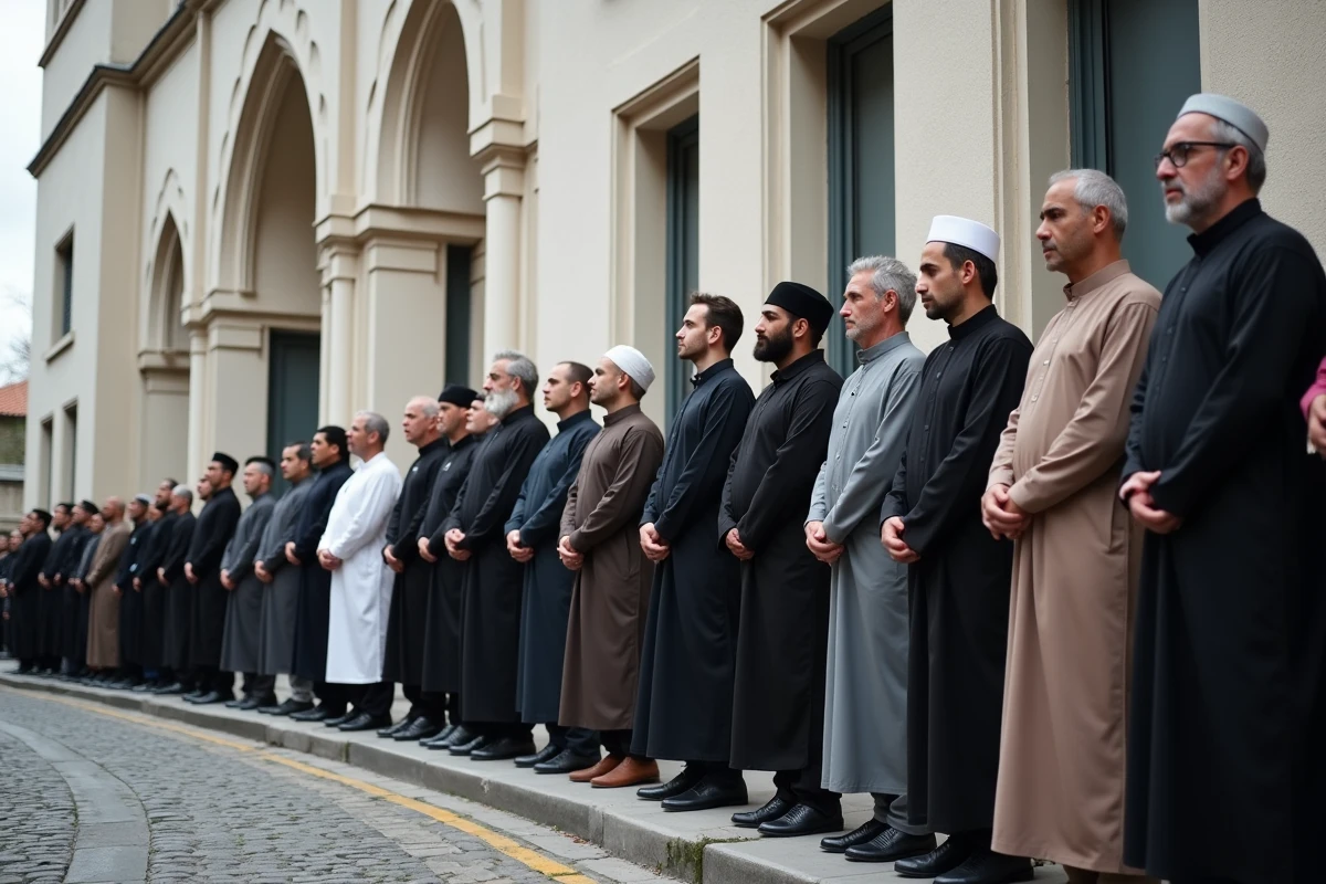 Fidèles musulmans en prière collective devant une mosquée dans un quartier urbain de Grenoble