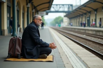 Homme musulman priant seul à Narbonne avec valise