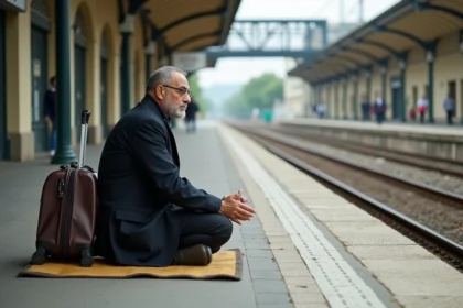 Homme musulman priant seul à Narbonne avec valise