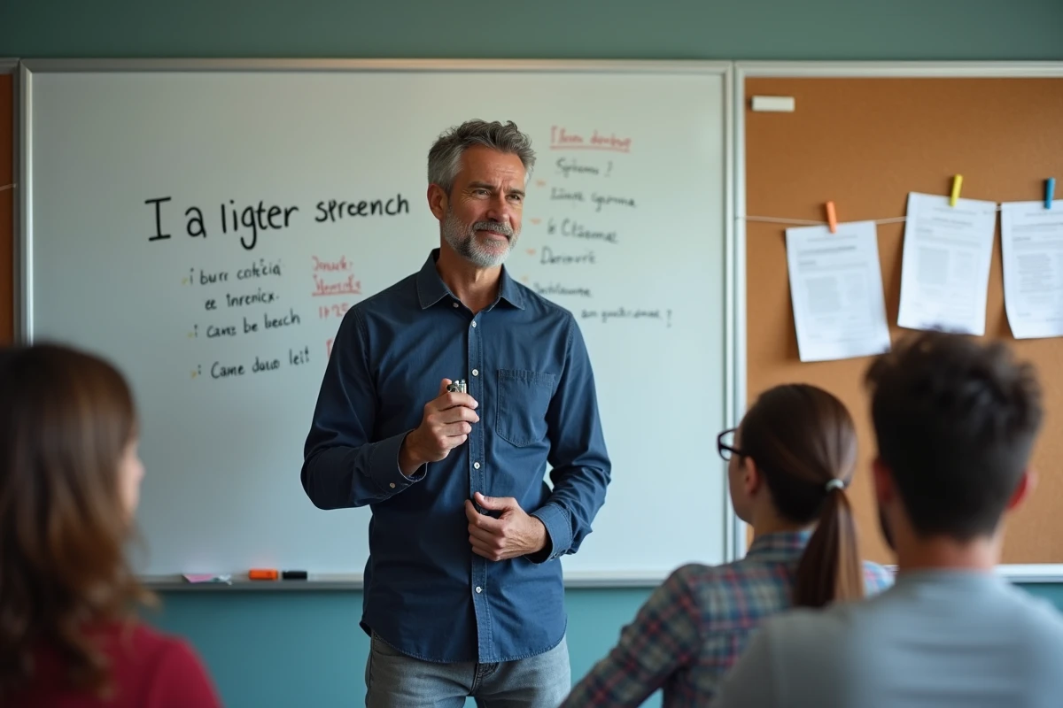 Professeur d'anglais tenant un briquet comme support pédagogique devant un tableau de cours