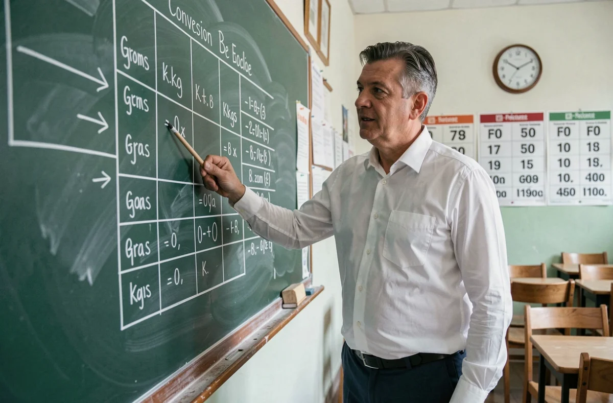 Professeur de mathématiques expliquant la conversion grammes kilogrammes au tableau noir dans une salle de classe
