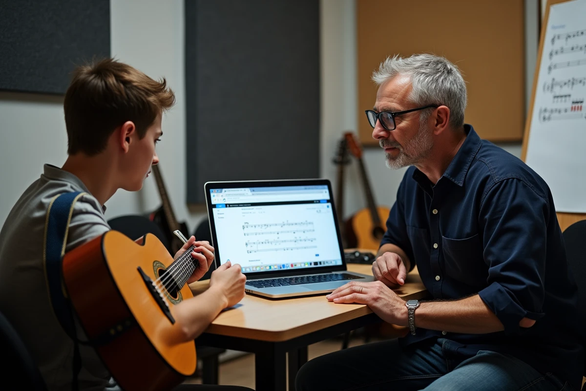 Professeur de guitare montrant des ressources de partitions gratuites en ligne à un élève adolescent dans une salle de cours de musique