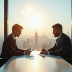 Deux professionnels en finance discutent dans un bureau moderne