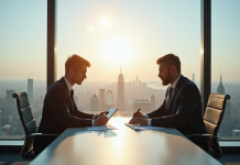 Deux professionnels en finance discutent dans un bureau moderne