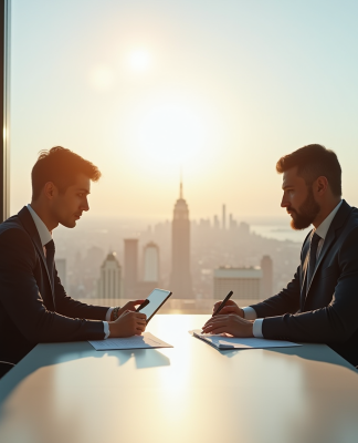 Deux professionnels en finance discutent dans un bureau moderne