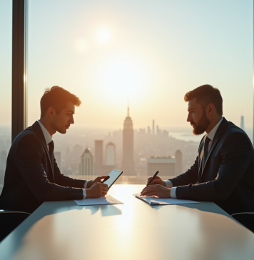 Différence entre gestion de patrimoine et banque d’investissement : comparaison Deux professionnels en finance discutent dans un bureau moderne