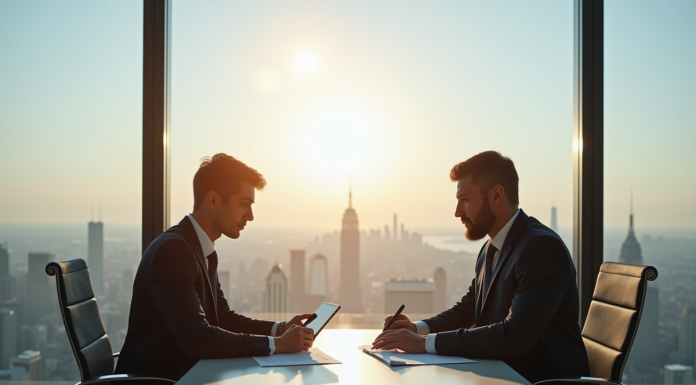Deux professionnels en finance discutent dans un bureau moderne