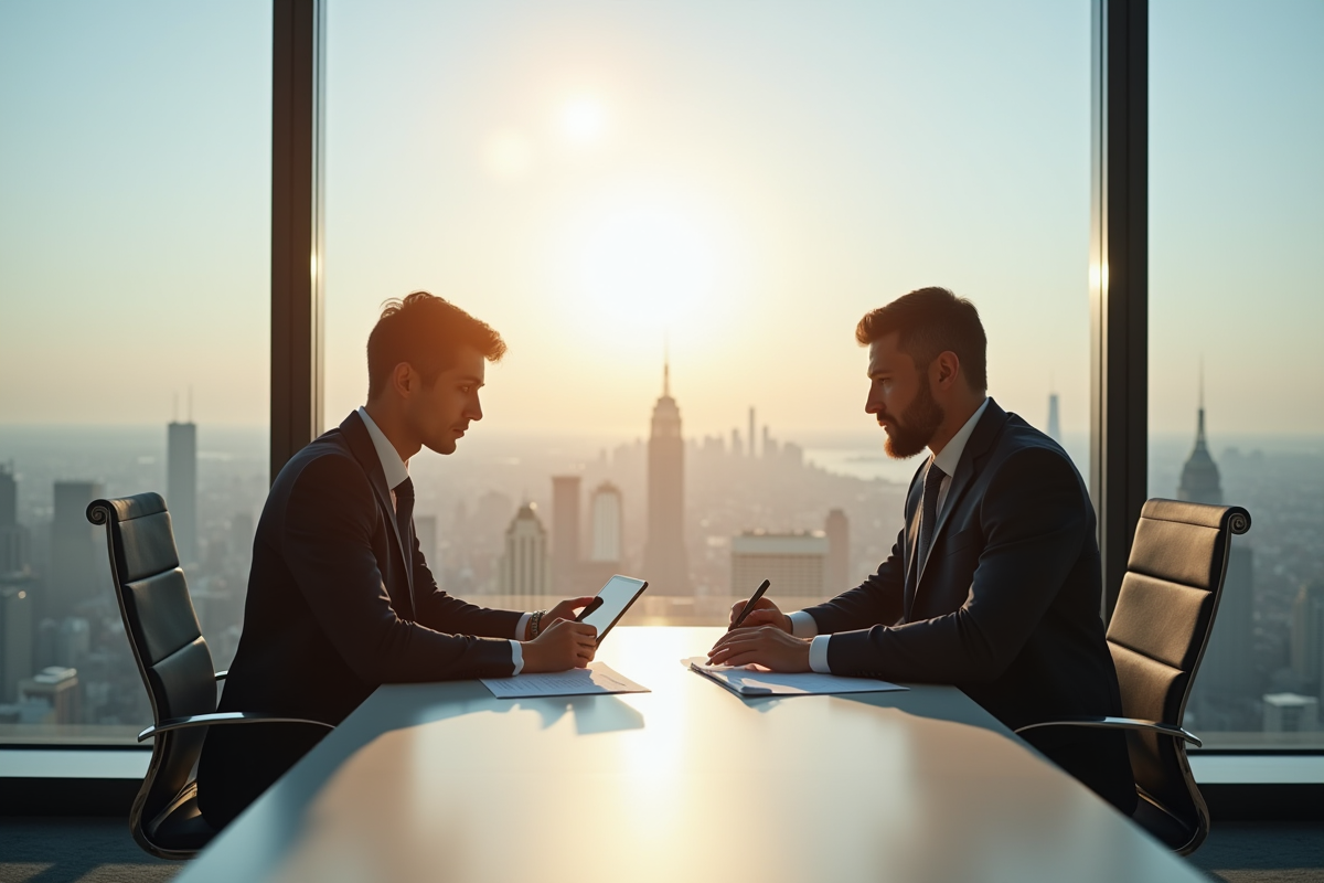 Deux professionnels en finance discutent dans un bureau moderne