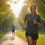 Personne marchant dans un parc urbain verdoyant avec un tracker de fitness