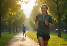 Personne marchant dans un parc urbain verdoyant avec un tracker de fitness
