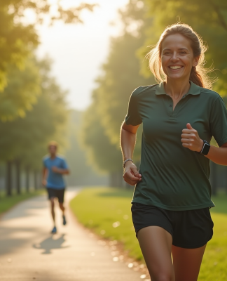 Personne marchant dans un parc urbain verdoyant avec un tracker de fitness