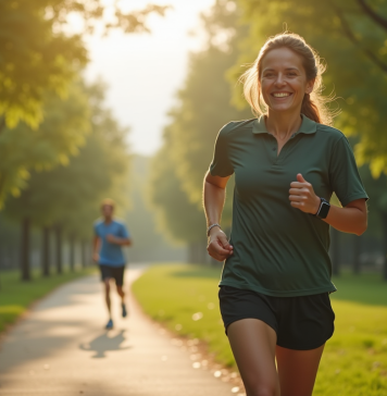 Personne marchant dans un parc urbain verdoyant avec un tracker de fitness