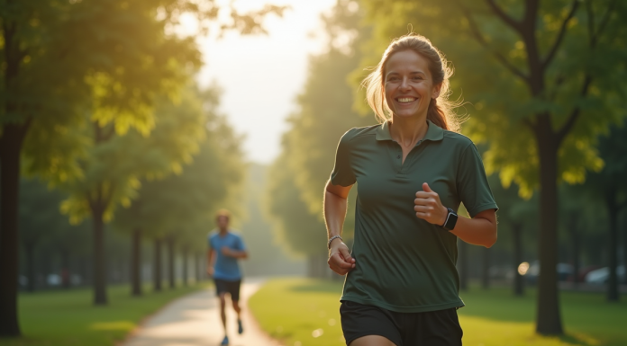 Personne marchant dans un parc urbain verdoyant avec un tracker de fitness