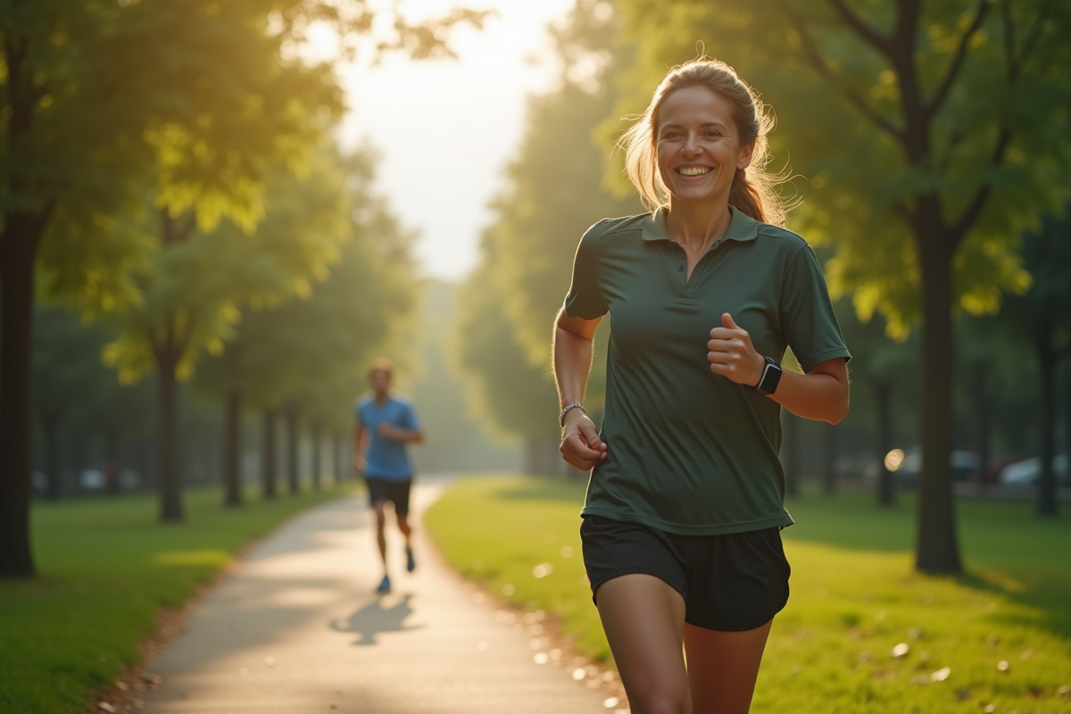 Personne marchant dans un parc urbain verdoyant avec un tracker de fitness