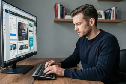 Homme utilisant un navigateur web avec des fenêtres publicitaires intrusives affichées sur l'écran d'ordinateur