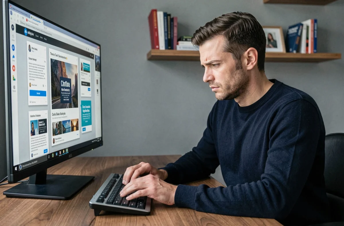 Homme utilisant un navigateur web avec des fenêtres publicitaires intrusives affichées sur l'écran d'ordinateur