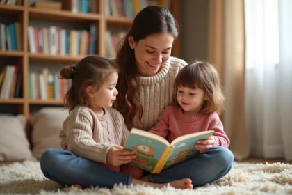 Femme lisant l'histoire de Cendrillon de Charles Perrault à deux enfants assis sur un tapis dans un salon chaleureux