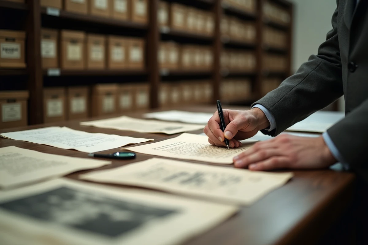 Mains de chercheur examinant des documents d'archives et des photographies historiques pour vérifier des origines