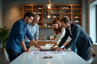 Groupe de quatre adultes en réunion dans un bureau moderne