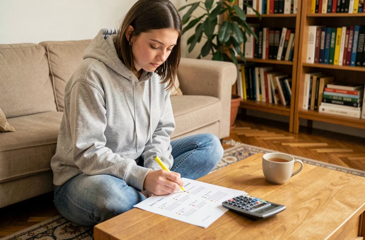Jeune femme révisant des exercices corrigés de conversion grammes kilogrammes sur un canapé avec une calculatrice et une feuille de travail