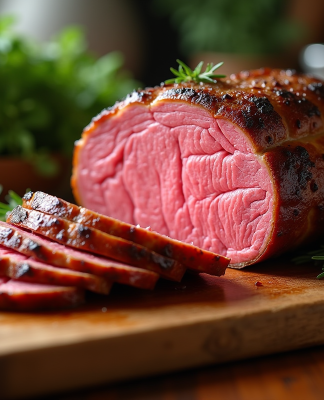 Rôti de boeuf tranché avec croûte dorée et intérieur rose