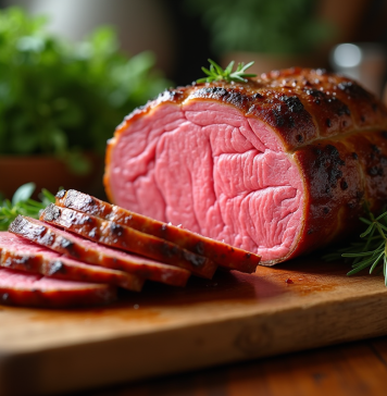 Rôti de boeuf tranché avec croûte dorée et intérieur rose